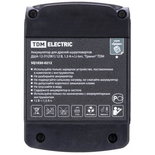 Аккумулятор для дрелей-шуруповертов ДША-12-Л1(ЛК1) 12 В, 1,3 А*ч Li-Ion, "Гранит" TDM