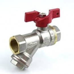 Кран-фильтр шаровой латунь никель 1015 EURO ДУ 15 РУ40 ВР полнопроходной бабочка красная с фильтром под пломбу Aquasfera
