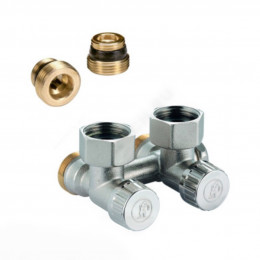 Узел нижнего подключения Ду 15 Ру10 1/2"x3/4" под плоское уплотнение угловой с переходниками R384 Giacomini R384X012